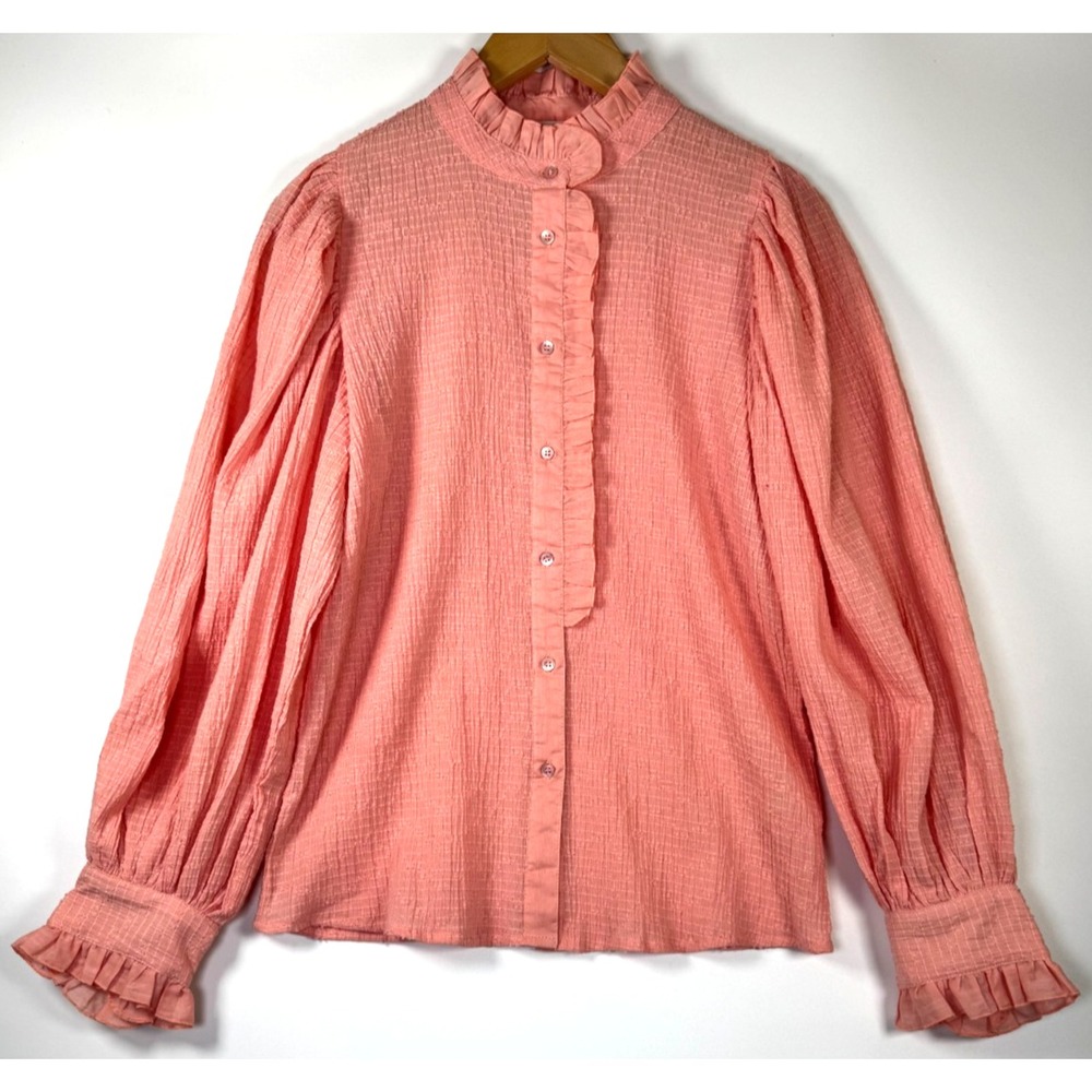 Antik Batik YVA Blouse XS Coral Pink Orange Ruffle Puff Sleeve Button Front
